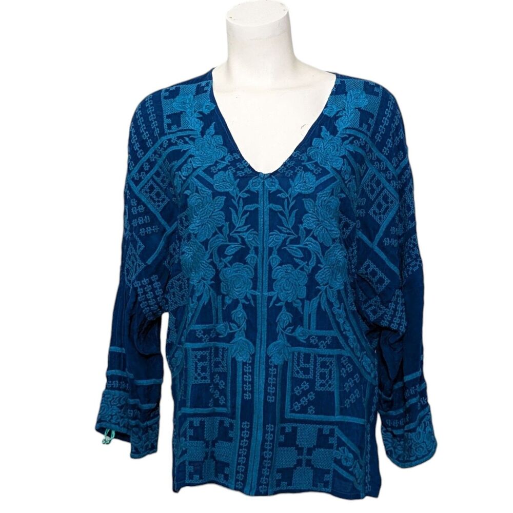 Johnny Was XS Embroidered Blue & Turquoise Top Boho Peasant Hippie Floral Gypsy